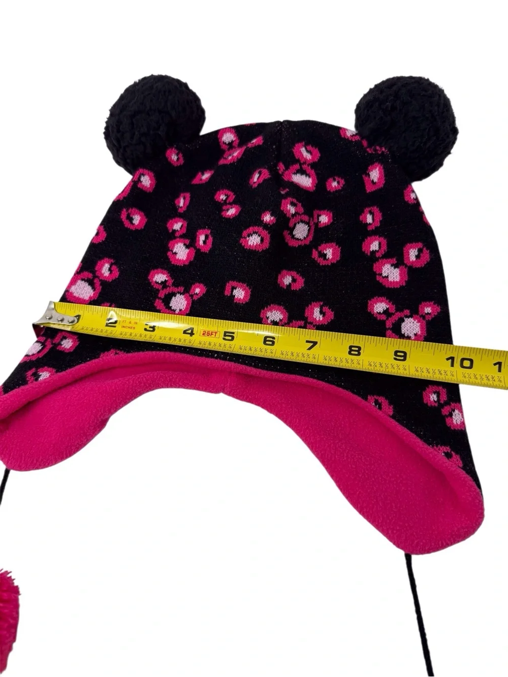 Disney Parks Black & Pink Dangling Pom Pom Beanie W/ear Flaps EUC
